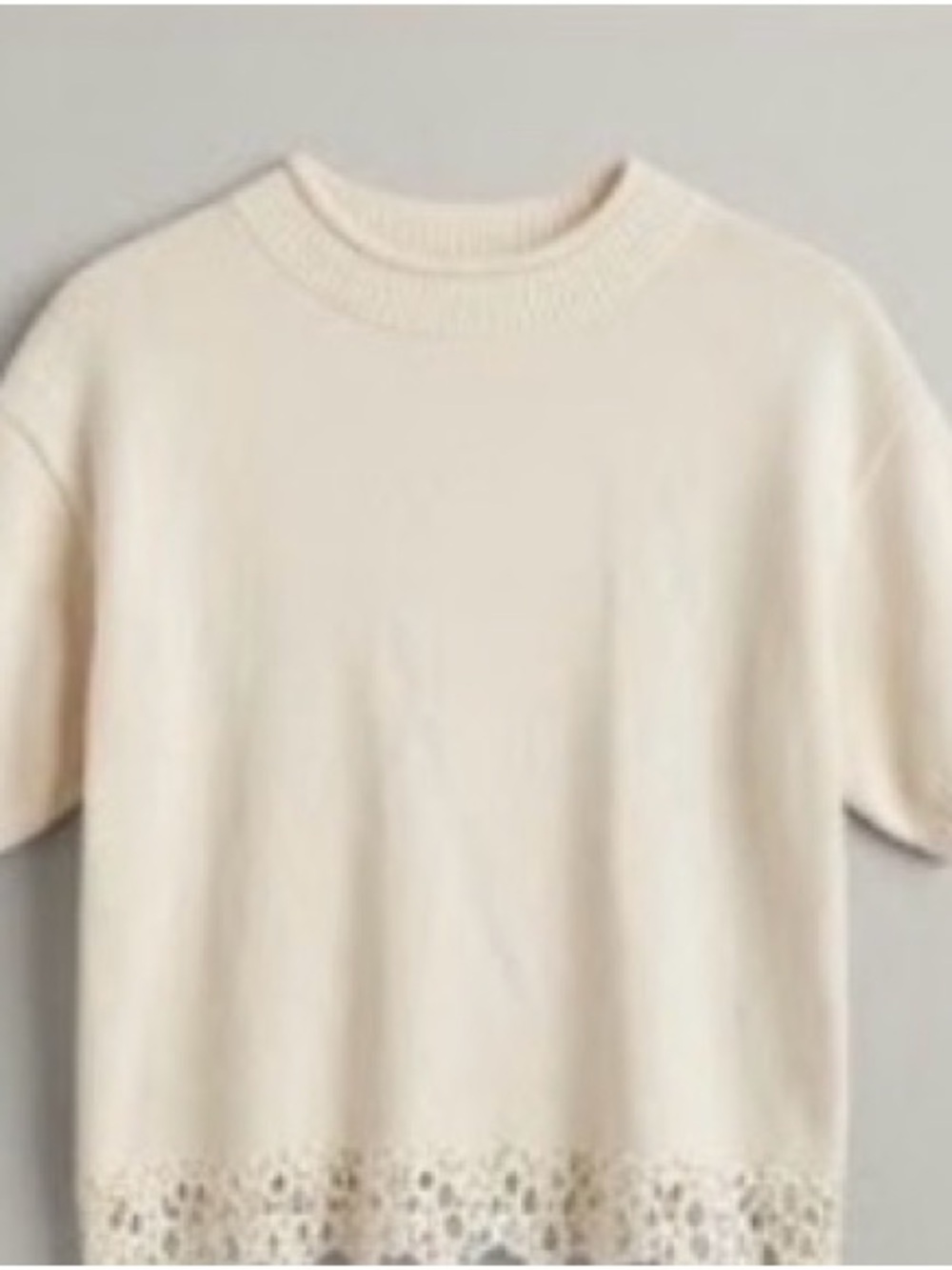 Cream Short-Sleeve Knit Sweater with Eyelet Hem